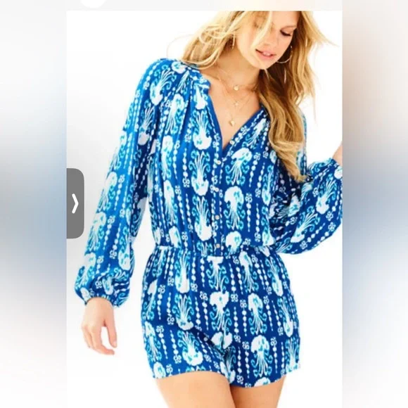 Lilly Pulitzer ELSA ROMPER Indigo Get in Line Blue White Gauze, Medium - Picture 2 of 11